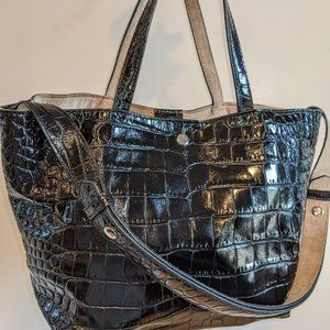 Elizabeth and James Embossed Black Leather Satchel/Tote with Handles and Straps